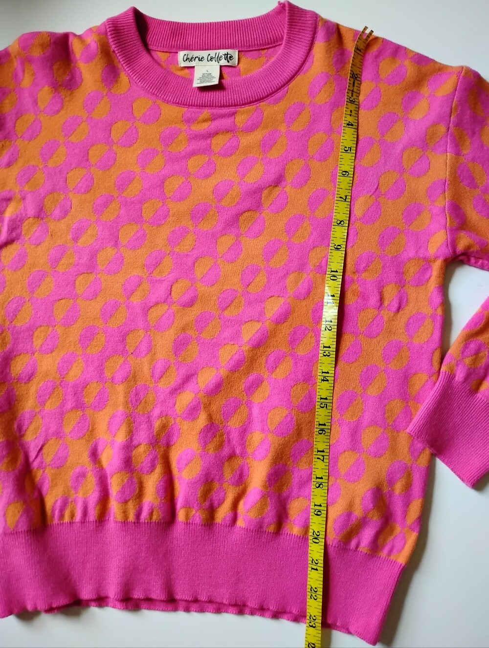 Cherie Collette Graphic Print Pink Orange Crewneck Sweater Dopamine Size Large - Picture 12 of 12